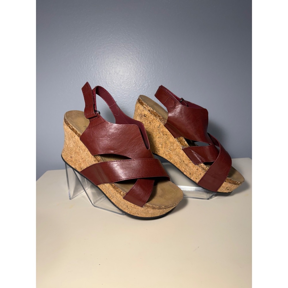 Pierre Dumas Womens Wedge Sandals Cork Platform Burgundy Size 10 Slingback